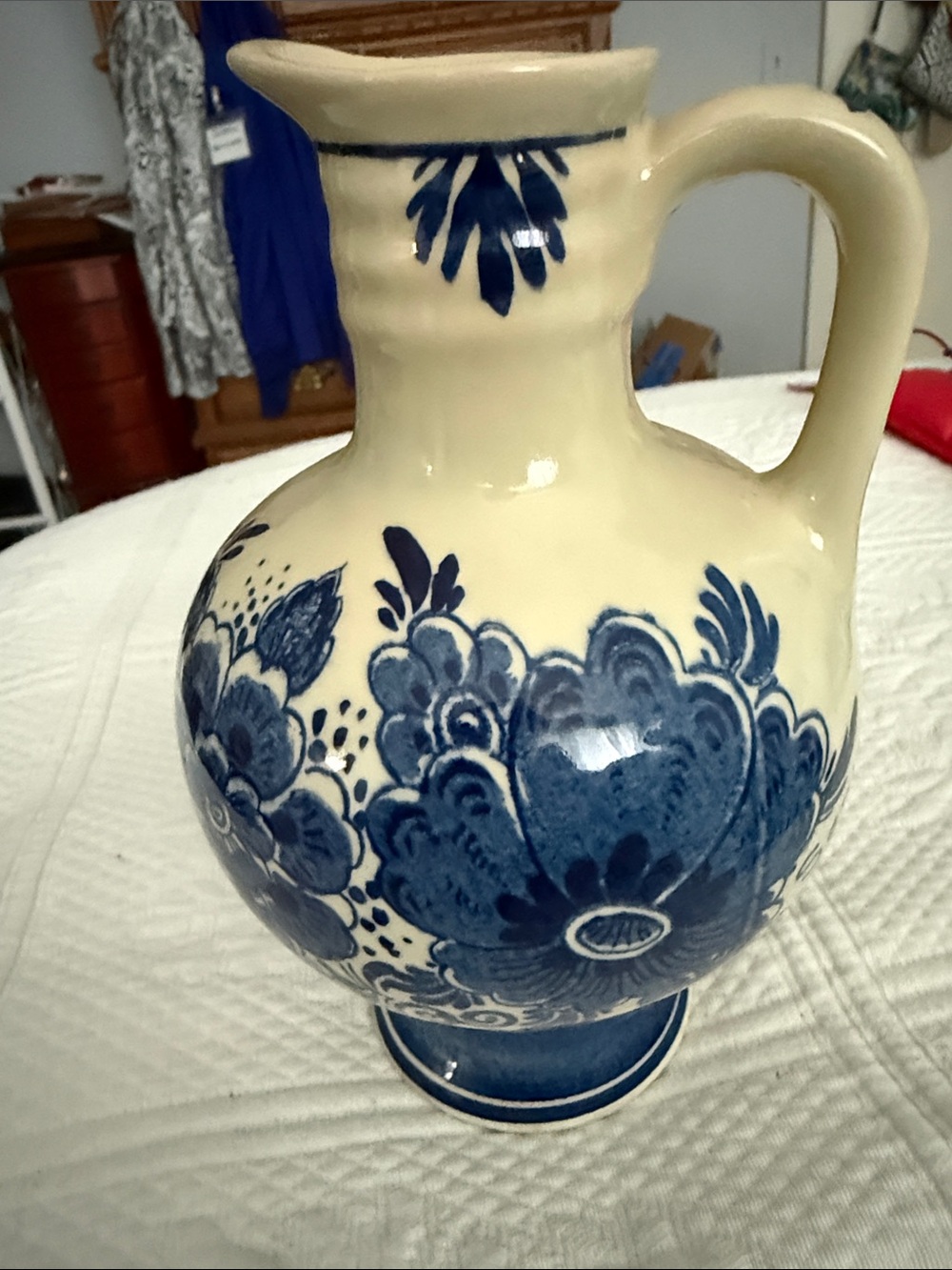 Blue and Cream Ceramic Floral Pitcher